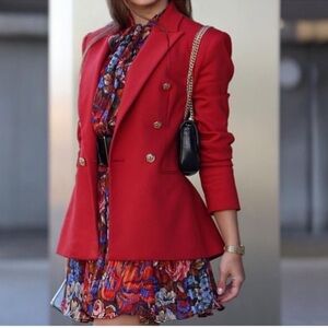 Zara Bright Red Orange Double Breasted Blazer